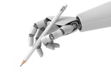 Robotic hand holding white pencil metallic isolated on a transparent background