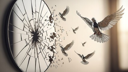 Birds fly out of shattered mirror with broken glass