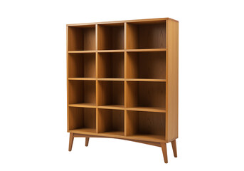 Mid century modern wooden bookcase with twelve compartments isolated on transparent background.