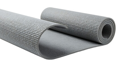 Rolled gray yoga mat with textured surface ideal for fitness routines on transparent background.