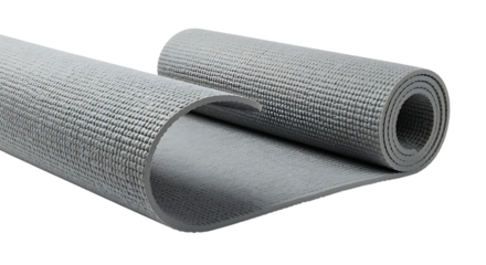 Rolled gray yoga mat with textured surface ideal for fitness routines on transparent background.