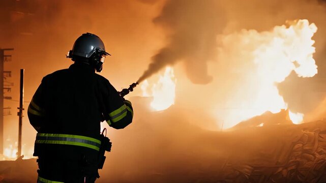 A dedicated firefighter confronts a fierce fire with determination, silhouetted against towering flames. the image portrays bravery, skill, and the urgent intensity of firefighting during night operat
