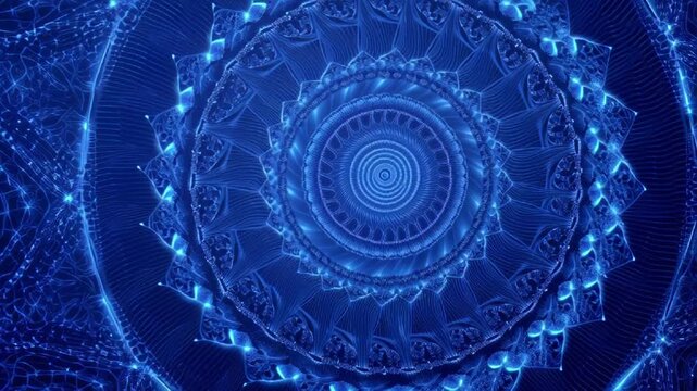 Glowing blue fractal mandala pattern with intricate details and luminous network design against a dark background representing technology data and futuristic concepts