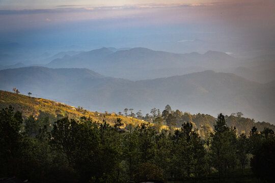 sunset in the mountains of haputale, highlands, sri lanka, ceylon, tea plantations