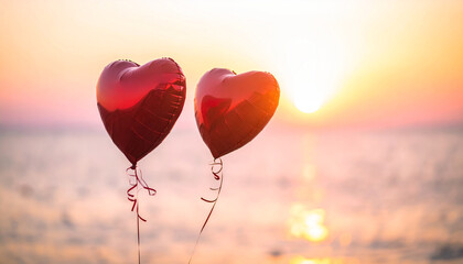 Fototapeta premium Two red heart balloons float over the ocean at sunset, symbolizing love and romance