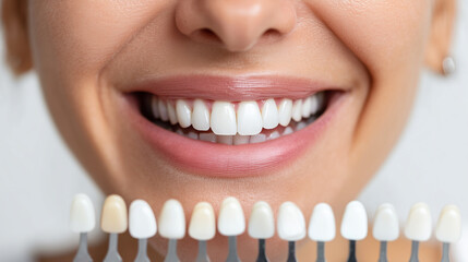 close-up of a woman smiling with a dental color chart and teeth models against a white background. close-up shot of a female mouth during a professional whitening treatment at the