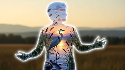 Serene person embracing nature with heron at sunset lake