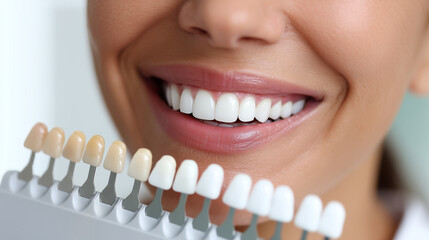 close-up of a woman smiling with a dental color chart and teeth models against a white background. close-up shot of a female mouth during a professional whitening treatment at the