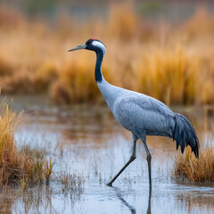 Obraz premium Majestic Common Crane Walking Through Shallow Water in Autumn Marshland