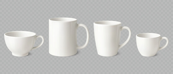 Ceramic cup for coffee and tea branding. White realistic mug 3D template. Glossy cups with reflection for logo, packaging and illustration. Vector isolated set