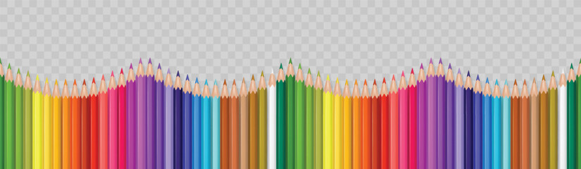 Pencil seamless border for school vector background with isolated color pencils row and rainbow spectrum. Colorful art supplies and drawing equipment for education or creative concept