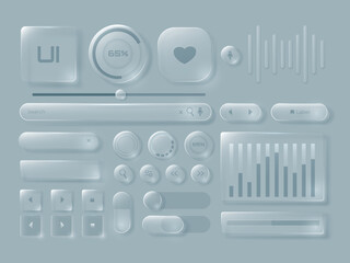 Glass UI interface with transparent panels and toggle controls, buttons and sliders for app dashboard template. Vector neumorphism set of translucent elements for voice playback, media player