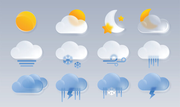Glass weather icons with glassy sun, clouds and crescent for forecast app UI, climate widget minimal meteorology design in glossy neumorphism style. Temperature, rain and wind translucent vector set