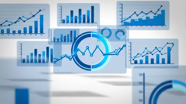 Collage of blue bar graphs and charts on white background isolated on white background 4k video
