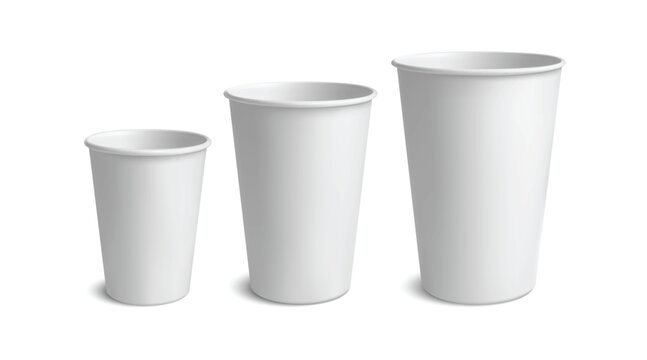3D disposable paper cups for takeaway coffee and tea, clean white template for cafe branding or fast food packaging mockup. Realistic vector set for label design or menu advertising