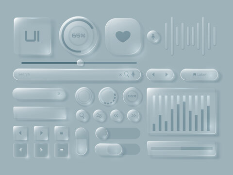 Glass UI interface with transparent panels and toggle controls, buttons and sliders for app dashboard template. Vector neumorphism set of translucent elements for voice playback, media player