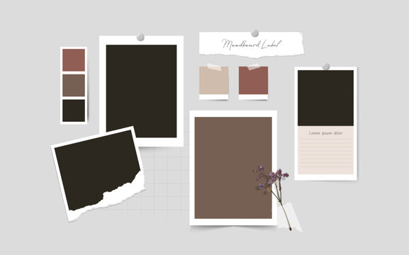 Moodboard mockup with torn paper frames and push pin for branding identity and aesthetic presentation. Neutral collage vector template with botanical swatches and taped notes for scrapbook layout