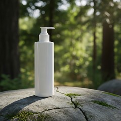 A white pump bottle sits on a mossy rock in a sun-dappled forest, blending nature and product design