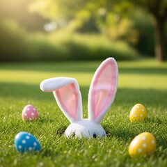 A white rabbit peek from a hole with two large pink-lined ears in a field, surrounded by colorful decorated eggs