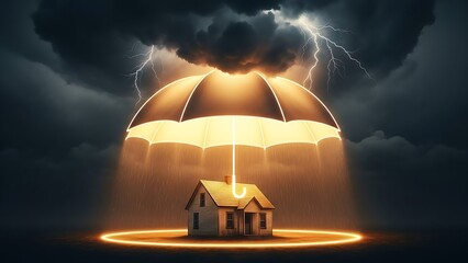 Protected home under glowing umbrella during stormy weather
