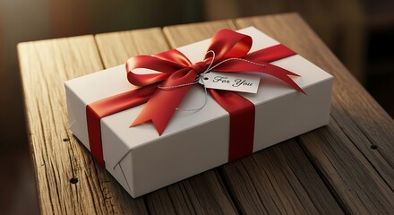A white rectangular present is tied with a vibrant red ribbon and a "For You" tag. It rests on a rustic wooden table with natural lighting