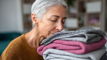 Faceless woman smelling laundry and folding in home, heavily defocused apartment background, anonymous mature person with clothes fabric, hygiene scent organize with chores routine