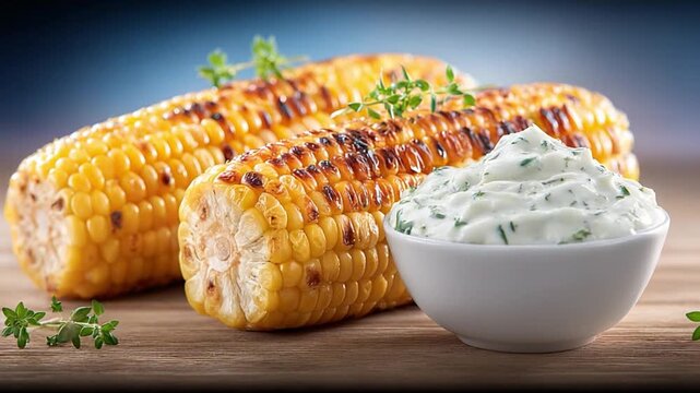 Grilled Corn on the Cob with Herb Cream: Close-up of beautifully grilled corn on the cob, their kernels glistening with a delicate char. Served alongside a creamy herb-infused sauce