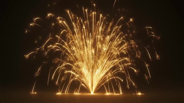 Elegant golden firework fountain erupts upward in slow motion against a dark background, symbolizing celebration, success, luxury, and milestone moments.