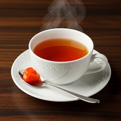 A white teacup and saucer hold steaming amber liquid; a spoon rests upon the saucer with a small, reddish dollop