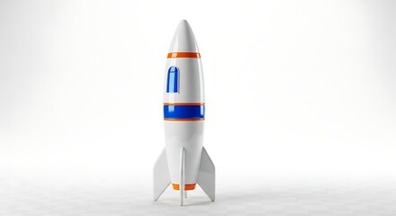 A white toy rocket with orange and blue stripes and fins stands isolated on a white-checkered background. It has a rounded top and small window