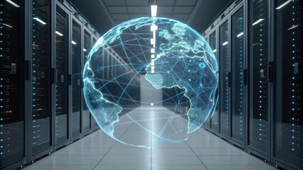 A futuristic data center featuring servers with a digital globe overlay, symbolizing global connectivity and technology.