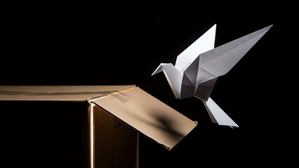 Origami bird emerging from cardboard box on black background