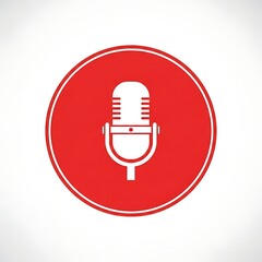 A white vintage microphone silhouette within a red circle, framed by a thin white line, set against a white background
