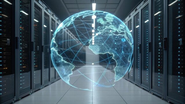 A futuristic data center featuring servers with a digital globe overlay, symbolizing global connectivity and technology. - Powered by Adobe