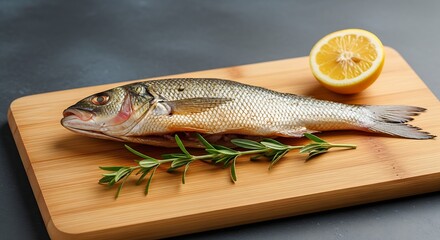 A whole cooked fish rests on a wooden board, garnished with rosemary and a lemon half. The board is on a dark surface