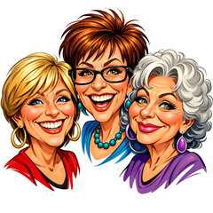 Three cheerful older women smiling and posing together in colorful attire  