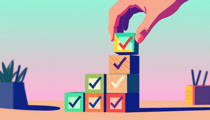Hand placing colorful wooden blocks with check marks symbolizing business success and satisfaction through assessment and progress in bright setting
