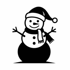 Monochrome winter snowman character illustration, a friendly figure wearing a festive Santa hat and cozy scarf, symbolizing holiday cheer and frosty season joy in a clean, iconic, isolated graphic 