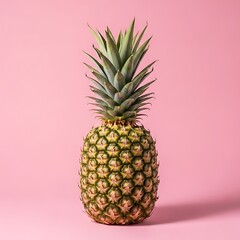 A whole, fresh pineapple stands tall against a plain pink backdrop. Its green crown contrasts the textured, golden body. The image is clean and bright