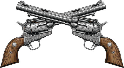 Crossed vintage revolvers illustration, detailed engraved western pistols, classic cowboy firearms symbol, old west weapon design vector art isolated white