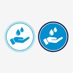 Hygiene concept - two circular icons showing a cupped hand with water droplets falling into it, symbolizing cleanliness and sanitization practices for personal health and well-being