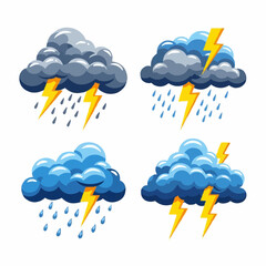 Set of stylized weather icons depicting stormy clouds with lightning strikes and heavy rain, illustrating various forms of severe weather phenomena and meteorological conditions