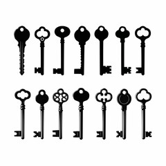 Set of vintage and antique keys in various ornate designs and classic styles, symbolizing access, security, mystery, and the opening of new opportunities, presented in a black and white illustration