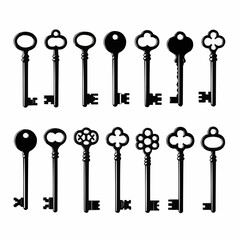 Set of vintage and antique ornate keys, symbolizing access, security, and hidden treasures, presented as isolated vector icons on a clean white background