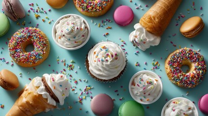 A vibrant spread of delectable desserts showcases cupcakes with cream, colorful macarons, and sprinkles on donuts, creating a joyful atmosphere perfect for celebrations and gatherings