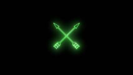 Obraz premium Glowing crossed arrows neon icon on a dark black background. Futuristic neon outline style symbolizing direction, navigation, target, choice, strategy and movement. Perfect for UI UX design, game inte