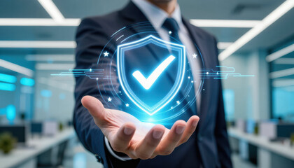 Businessman holding digital shield with checkmark symbolizing security and satisfaction in business success assessment in modern office environment