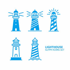Set of lighthouse icons, depicting a variety of nautical navigation towers, perfect for maritime safety, coastal guidance, and travel-themed graphic design projects