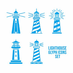 Set of 5 blue lighthouse glyph icons for web design and navigation, depicting maritime signals and coastal guidance with striped towers and illuminated lanterns, perfect for travel and marine themes