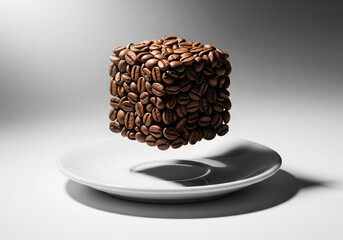 Conceptual shot of a cube formed from roasted coffee beans levitating over a white saucer